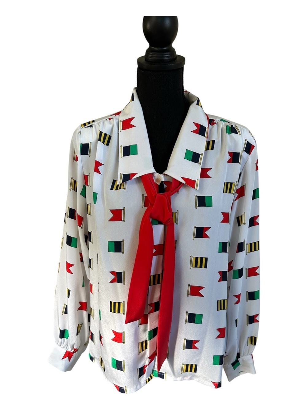 Koret White Blouse with Red, Green & Black Flag Print and Red Neck Tie